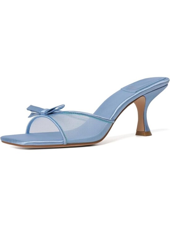 Shoes - Women's Blue Kitten Heels Round Toe Heels With Bow Vintage Mules Stiletto Shoes